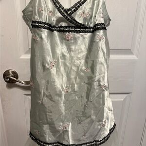 Vintage Morgan Taylor Satin Chemise with Black Lace and Pink Embroidery